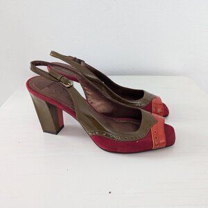 Tahari Sling Back Peep Toe Leather & Suede Heels, 7